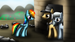 Size: 1024x576 | Tagged: safe, artist:lupiarts, igneous rock pie, limestone pie, rainbow dash, earth pony, pony, g4, trio