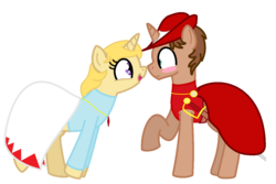 Size: 1200x800 | Tagged: safe, artist:peternators, oc, oc only, oc:heroic armour, oc:pearl armour, pony, unicorn, blush sticker, blushing, clothes, couple, duo, duo male and female, eyelashes, female, frown, horn, male, mare, open mouth, open smile, raised hoof, red mage, simple background, smiling, stallion, sword, transparent background, unicorn oc, white mage