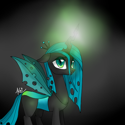 Size: 800x800 | Tagged: dead source, safe, artist:kayak94, queen chrysalis, changeling, changeling queen, g4, female, glowing horn, horn, solo