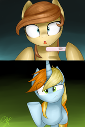 Size: 1181x1771 | Tagged: safe, artist:supermare, oc, oc only, oc:cream heart, oc:dickinson, alicorn, pony, alicorn oc, duo, pregnancy test, pregnancy test meme