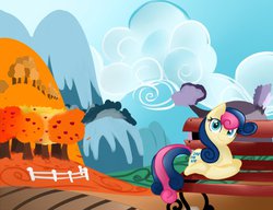 Size: 1024x788 | Tagged: safe, artist:supermare, bon bon, sweetie drops, earth pony, pony, g4, autumn, bench, female, solo