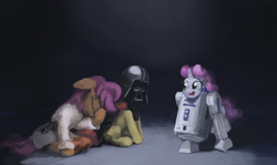 Size: 1024x612 | Tagged: safe, artist:cannibalus, apple bloom, scootaloo, sweetie belle, g4, clothes, costume, crossover, cutie mark crusaders, darth vader, facehoof, obi wan kenobi, r2-d2, sitting, star wars, sweetie bot