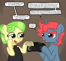 Size: 500x468 | Tagged: safe, artist:ficficponyfic, chickadee, ms. peachbottom, oc, oc:quasar, g4, alternate hairstyle, camera