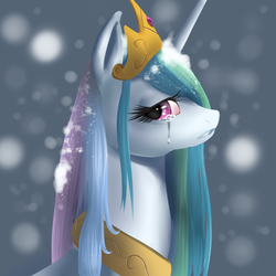 Size: 1400x1400 | Tagged: safe, artist:gylin, princess celestia, g4, crying, female, looking at you, snow, snowfall, solo