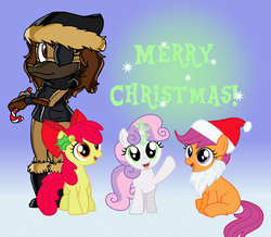 Size: 1762x1539 | Tagged: safe, artist:itoruna-the-platypus, apple bloom, scootaloo, sweetie belle, platypus, g4, christmas, cute, cutie mark crusaders, hat, hearth's warming, holiday, itoruna, mistletoe, santa beard, santa hat