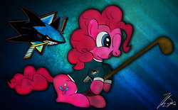 Size: 1136x703 | Tagged: safe, artist:iamthemanwithglasses, pinkie pie, g4, hockey, hockey stick, nhl, san jose sharks