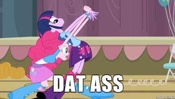 Size: 610x343 | Tagged: safe, edit, edited screencap, screencap, pinkie pie, twilight sparkle, equestria girls, g4, :o, caption, dat ass, eyes on the prize, female, frown, glare, looking at butt, meme, open mouth, out of context, personal space invasion, wide eyes