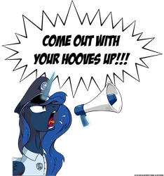 Size: 3000x3200 | Tagged: safe, artist:php104, princess luna, alicorn, pony, g4, female, hat, high res, levitation, magic, megaphone, police, simple background, solo, telekinesis, transparent background