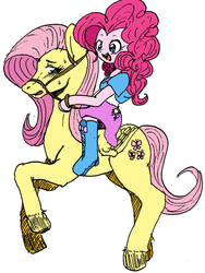 Size: 600x800 | Tagged: safe, artist:yajima, edit, fluttershy, pinkie pie, horse, pegasus, equestria girls, g4, andrea libman, balloon, boots, bracelet, clothes, color, female, high heel boots, humans riding ponies, jewelry, pinkie pie riding fluttershy, reins, riding, skirt, voice actor joke