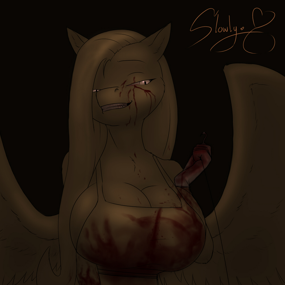 776265 - grimdark, questionable, artist:lesang, fluttershy, anthro, ask  murdershy, g4, apron, blood, breasts, busty fluttershy, clothes, fangs,  female, hook, naked apron - Derpibooru