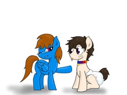 Size: 2048x1536 | Tagged: safe, anonymous artist, oc, oc only, oc:kissing kings, oc:sunnyside, pegasus, pony, blushing, collar, diaper, diaper fetish, glasses, non-baby in diaper, pet play, rainbow, tongue out