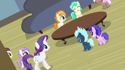 Size: 1280x720 | Tagged: safe, screencap, banana peel (g4), brown sugar, burnout (g4), lightning flare, mint flower, plumberry, rarity, titania, earth pony, pegasus, pony, unicorn, for whom the sweetie belle toils, g4, 5-year-old, colt, filly