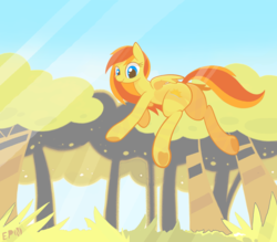 Size: 4706x4123 | Tagged: safe, artist:b-epon, oc, oc only, oc:graceful sunrise, pegasus, pony, g4, absurd resolution, butt, cute, flying, forest, looking down, plot, underhoof