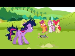 Size: 1024x768 | Tagged: safe, screencap, apple bloom, scootaloo, smarty pants, sweetie belle, twilight sparkle, earth pony, pegasus, pony, unicorn, g4, lesson zero, apple bloom's bow, bow, cutie mark crusaders, female, filly, foal, hair bow, heart, heart eyes, letterboxing, mare, open mouth, open smile, smiling, standing, twilight snapple, unicorn twilight, wingding eyes