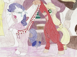 Size: 1992x1481 | Tagged: safe, artist:wjmmovieman, applejack, rarity, earth pony, pony, unicorn, g4, abuse, bipedal, clothes, crying, female, frilly underwear, heart, heart print underwear, mare, pajamas, panties, panty pull, raribuse, traditional art, underwear, wedgie, white underwear