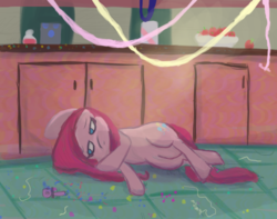 Size: 500x394 | Tagged: safe, pinkie pie, g4, bowl of apples, female, on side, pinkamena diane pie, sad, solo, streamers, that party blower buzzer thingy