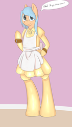 Size: 1080x1920 | Tagged: safe, artist:cederic, oc, oc only, earth pony, pony, bipedal, clothes, crossdressing, hooks, maid, master, solo, speech, speech bubble