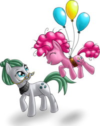 Size: 1195x1495 | Tagged: safe, artist:skorpionletun, cloudy quartz, pinkie pie, earth pony, pony, g4, balloon, filly, floating, glasses, mother and daughter, simple background, then watch her balloons lift her up to the sky, transparent background, younger