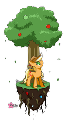 Size: 1000x1760 | Tagged: safe, artist:clouddg, applejack, earth pony, pony, g4, apple, female, floating island, food, leaves, simple background, solo, tree, white background