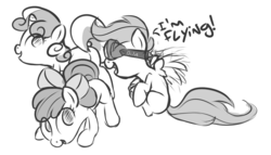 Size: 1280x732 | Tagged: safe, artist:mostazathy, apple bloom, scootaloo, sweetie belle, g4, cutie mark crusaders, goggles, monochrome, oculus rift, scootaloo can fly