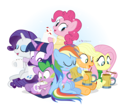 Size: 1320x1140 | Tagged: safe, artist:dm29, applejack, fluttershy, pinkie pie, rainbow dash, rarity, spike, twilight sparkle, g4, candy cane, cider, clothes, coat, cute, drink, eggnog, holiday, hot chocolate, julian yeo is trying to murder us, mane seven, mane six, scarf, simple background, transparent background, winter