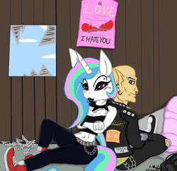 Size: 1280x1238 | Tagged: safe, artist:taco-calamitous, princess celestia, anthro, g4, bedroom, chains, clothes, collar, leather jacket, makeup, piercing, punk, vivec