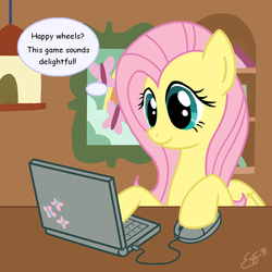 Size: 1024x1024 | Tagged: safe, artist:oomles, edit, fluttershy, pegasus, pony, g4, computer, female, fs doesn't know what she's getting into, happy wheels, solo, this will end in tears