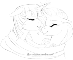 Size: 615x508 | Tagged: safe, artist:the-chibster, rarity, twilight sparkle, g4, blushing, clothes, female, heart, horn, horns are touching, lesbian, monochrome, scarf, ship:rarilight, shipping, sketch