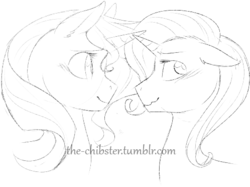 Size: 498x372 | Tagged: safe, artist:the-chibster, sunset shimmer, trixie, pony, unicorn, g4, blushing, female, horn, horns are touching, lesbian, mare, monochrome, ship:suntrix, shipping, sketch