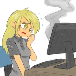Size: 2002x2017 | Tagged: dead source, safe, artist:ereb-tauramandil, derpy hooves, human, g4, computer, confidentially cute, cute, cutey confidential, derpy hooves tech support, female, high res, humanized, i just don't know what went wrong, nervous, open mouth, smoke, solo, sweat