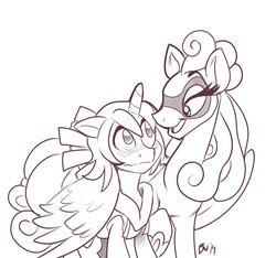 Size: 1280x1200 | Tagged: safe, artist:bluntwhiskey, oc, oc only, oc:ho-oh, oc:light shine, ho-oh, poképony, pony, unicorn, adoptable, blushing, flirting, monochrome, pokémon, ponified, royalty, sketch, wings