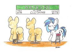 Size: 1991x1430 | Tagged: safe, artist:bobthedalek, dj pon-3, vinyl scratch, pony, unicorn, g4, autons, mannequin, pose, price tag, pun, shop, stool, traditional art