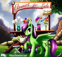 Size: 1600x1481 | Tagged: safe, artist:pshyzomancer, oc, oc only, oc:ambrosia, pegasus, pony, concession stand, female, flower, for sale, horseshoes, looking at you, mare, raised hoof, stall, watering, watering can