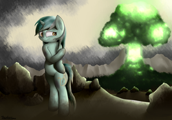 Size: 4000x2800 | Tagged: safe, artist:php33, lyra heartstrings, pony, unicorn, fallout equestria, g4, alternate timeline, balefire bomb, bipedal, blood, crying, cut, cutie mark, explosion, fanfic, fanfic art, female, hooves, horn, injured, mare, megaspell, megaspell explosion, mushroom cloud, nuclear explosion, rock, solo, wasteland