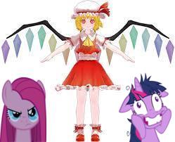 Size: 249x202 | Tagged: safe, pinkie pie, twilight sparkle, human, pony, g4, crossover, female, flandre scarlet, mare, pinkamena diane pie, touhou