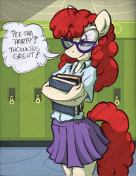Size: 850x1100 | Tagged: safe, artist:trollie trollenberg, twist, earth pony, anthro, g4, book, clothes, colored sketch, cute, dialogue, glasses, lisp, older, pleated skirt, skirt, teenager