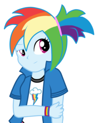 Size: 1100x1400 | Tagged: safe, artist:stockingstreams, rainbow dash, equestria girls, g4, alternate hairstyle, female, looking at you, messy hair, ponytail, raised eyebrow, rubbing arm, short ponytail, simple background, smiling, solo, transparent background, twilightspet, vector