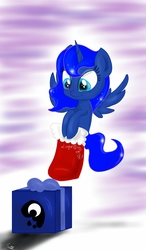Size: 750x1280 | Tagged: safe, artist:vanezaescobedo, princess luna, alicorn, pony, g4, female, filly, present, smiling, sock, solo, spread wings, woona