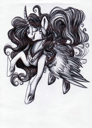Size: 996x1382 | Tagged: safe, artist:heather-west, princess celestia, g4, curved horn, eyes closed, female, grayscale, horn, monochrome, raised hoof, solo, traditional art