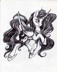 Size: 1001x1266 | Tagged: safe, artist:heather-west, princess luna, g4, curved horn, female, grayscale, horn, monochrome, solo, traditional art