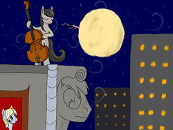 Size: 1600x1200 | Tagged: safe, artist:cromachy, octavia melody, oc, g4, cello, moon, musical instrument, roof