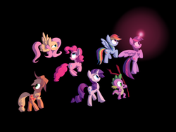 Size: 1024x768 | Tagged: safe, artist:animation100, applejack, fluttershy, pinkie pie, rainbow dash, rarity, spike, twilight sparkle, alicorn, pony, g4, black background, female, mane six, mare, simple background, tree branch, twilight sparkle (alicorn)