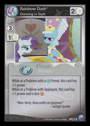 Size: 344x480 | Tagged: safe, enterplay, rainbow dash, rarity, canterlot nights, g4, my little pony collectible card game, ccg, rainbow dash always dresses in style