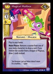 Size: 300x419 | Tagged: safe, enterplay, spike, twilight sparkle, g4, my little pony collectible card game, the crystal games, burp, ccg, dragon mail, fire, fire breath, green fire, scroll