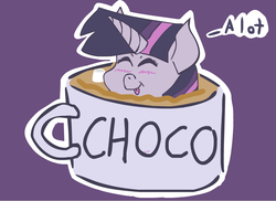 Size: 879x639 | Tagged: safe, artist:kyzacreations, twilight sparkle, pony, g4, blushing, cup, cup of pony, female, happy, hot chocolate, marshmallow, morningtwilightsparkle, solo, tongue out