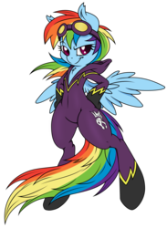 Size: 2929x4001 | Tagged: safe, artist:bork88, artist:dfectivedvice, rainbow dash, pegasus, pony, semi-anthro, g4, arm hooves, bipedal, chest fluff, clothes, costume, female, goggles, grin, high res, looking at you, mare, shadowbolt dash, shadowbolts, shadowbolts costume, simple background, solo, transparent background