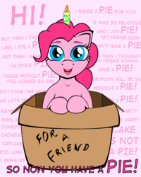 Size: 800x1000 | Tagged: safe, artist:bajanic, pinkie pie, earth pony, pony, g4, box, candle, pony in a box, wall of text