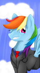 Size: 1800x3300 | Tagged: safe, artist:hoodedtomsi, rainbow dash, pony, g4, clothes, female, solo, suit