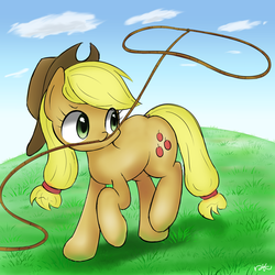 Size: 2000x2000 | Tagged: safe, artist:jicho, applejack, g4, cute, female, grass, high res, jackabetes, lasso, looking back, mouth hold, nom, pixiv, raised hoof, raised leg, smiling, solo