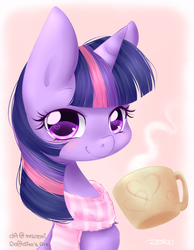 Size: 1550x2000 | Tagged: safe, artist:mrsremi, twilight sparkle, g4, clothes, cup, female, hot chocolate, scarf, smiling, solo, wingding eyes